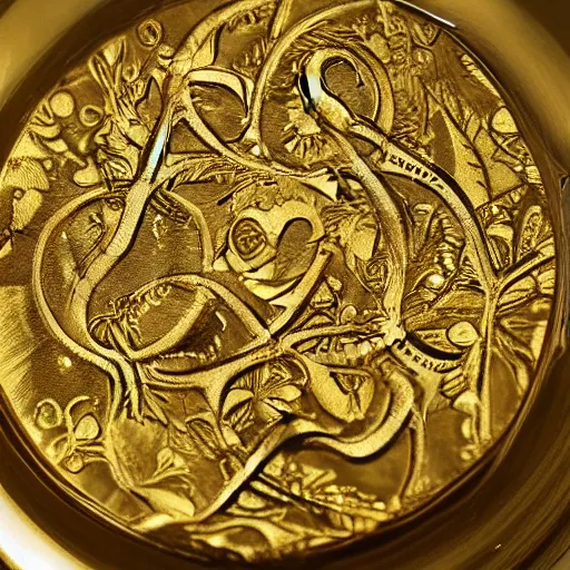 Image similar to a gold coin with a clock face printed on it, complex, high detail, close up