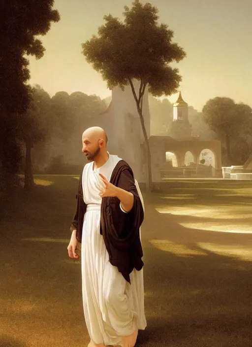 Image similar to oil painting portrait of a tonsured dominican monk in a white habit, striding dancing through a flourishing garden at sunset with a monastery in the background, hazy, digital art, chiaroscuro, artstation, cinematic, golden hour, digital art painting by greg rutkowski, william - adolphe bouguereau, hazy atmosphere, flowers, cinematic lighting