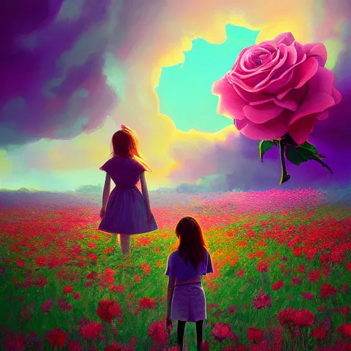 Image similar to large rose head, girl floating in a flower field, surreal photography, sunrise dramatic light, impressionist painting, colorful clouds, digital painting, artstation, simon stalenhag