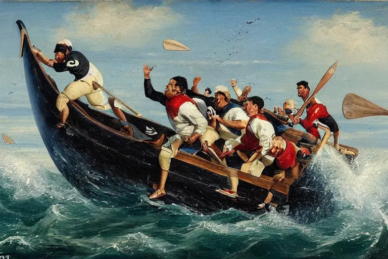 Image similar to a rowboat filled with nfl players in football helmets and pads, one has a harpoon, they are chasing a whale, american oil painting