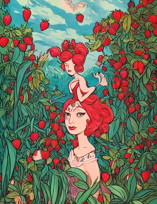 Image similar to princess of the strawberry cream valley. this heavily stylized gouache painting by the indie comic artist has interesting color contrasts, plenty of details and impeccable lighting.