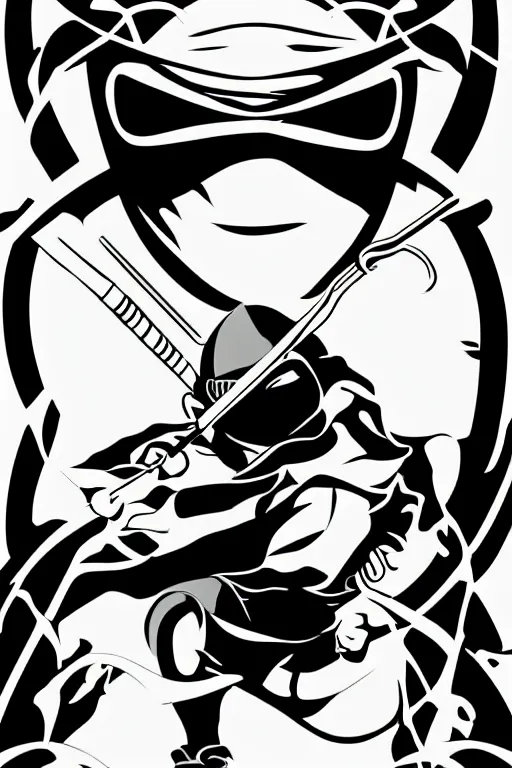 Prompt: Poster of a ninja in the style of die cut sticker, art by daniel Barreto , color, detailed, high resolution, vector art