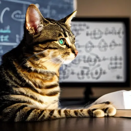 Prompt: Schrödinger's cat studying quantum physics, with a whiteboard with equations in the background