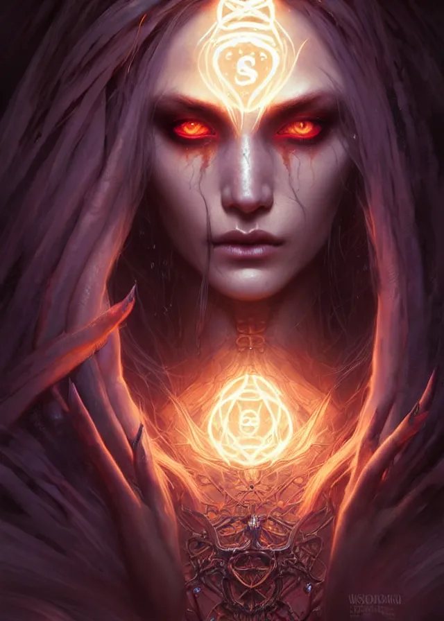 Image similar to Necromancer Sorceress face close-up macro in center, fantasy magic, undercut hairstyle, dark light night, intricate, elegant, sharp focus, illustration, highly detailed, digital painting, concept art, matte, art by WLOP and Artgerm and Greg Rutkowski and Alphonse Mucha, masterpiece