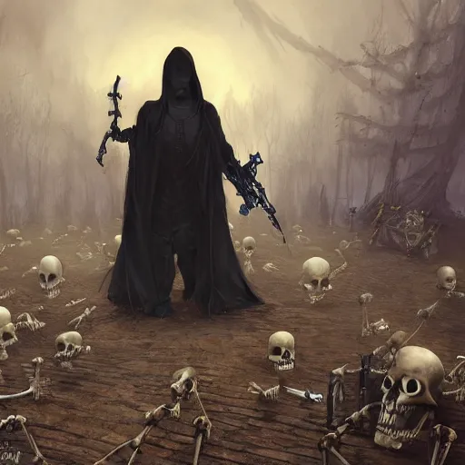 Image similar to a grim reaper, with a skeleton army, surrounded by magic, hd, by stefan koidl