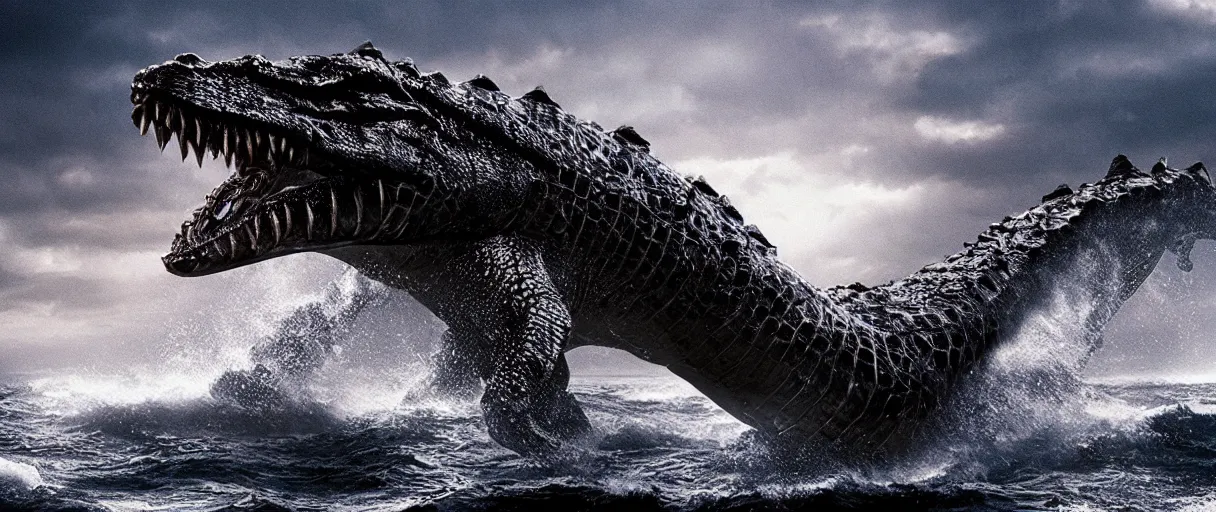 Prompt: ocean monster iron crocodile dramatic lighting establishing shot extremely high detail foto realistic cinematic lighting post processed