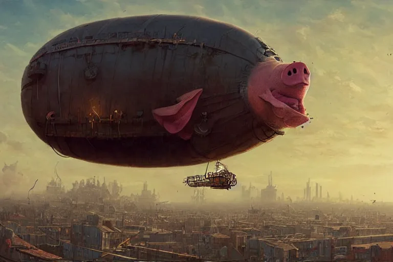 Image similar to a pig-blimp, pig head, steampunk, digital art, extremely detailed, flying over a city, greg rutkowski, cinematic