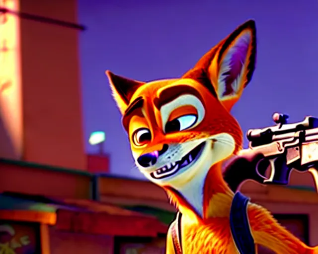 Image similar to nick wilde as max payne 3 set in gritty neo - noir zootopia, gun battle through the favela / furvela