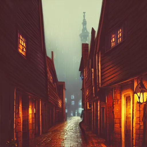 Prompt: A quaint, magical, medieval, London street at night, Tudor houses, digital painting by Alena Aenami, trending on artstation