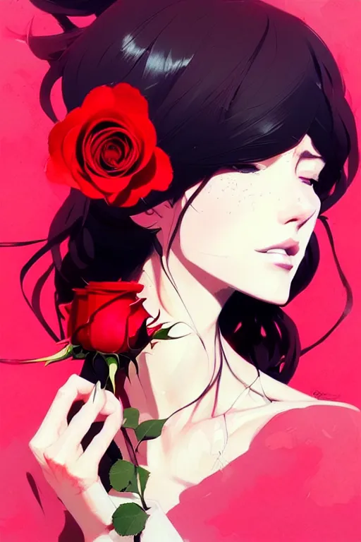 Image similar to a ultradetailed beautiful panting of a stylish woman holding a rose, by conrad roset, greg rutkowski and makoto shinkai, trending on artstation