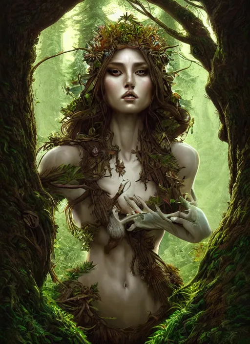 Image similar to digital painting goddess of the forest, symmetrical, fantasy, highly detailed, realistic, complex, fantasy, over - detailed, elegant, intricate, dynamic lighting, hyperrealism, digital art, digital painting, artstation, wlop, clear focus, illustration by filipe pagliuso and justin gerard