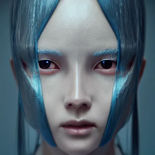 Image similar to an eerie but beautiful and feminine looking android, white mask and blue eyes, japanese geisha style, by Ash Thorp, 8k, octane render, highly detailed, moody, atmospheric