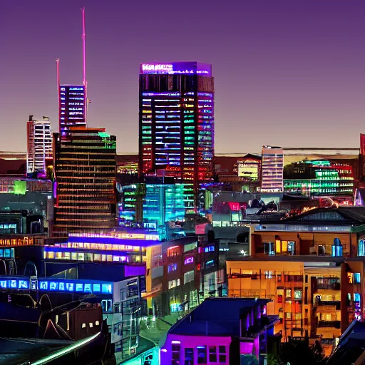 Image similar to Christchurch city skyline at night, cyberpunk style