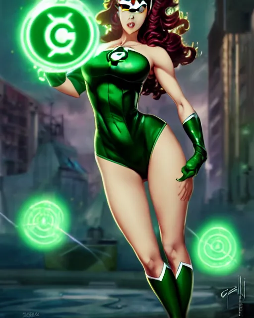 Image similar to pinup photo of female green lantern from justice league in the crowded square of the city, asuna by a - 1 pictures, by by greg rutkowski, artgerm, gil elvgren, enoch bolles, glossy skin, pearlescent, anime, very coherent, sao style anime, flat