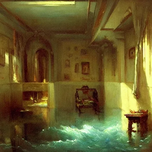 Image similar to basement flooded with water, hyper realistic, oil on canvas, masterpiece painting, very detailed, by aivazovsky