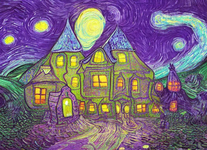 Prompt: detailed painting of a mysterious house inside a giant purple mushroom, mystical dark purple alien landscape at night, dark purple sky, blue bioluminescent life, in the style of studio ghibli and vincent van gogh and claude monet