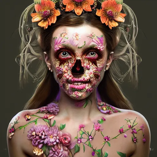 Prompt: A very detailed horrifying portrait painting of the flower princess, floral patterned skin, 8k, trending on artstation cgsociety, masterpiece, in the style of DiscoDiffusion.