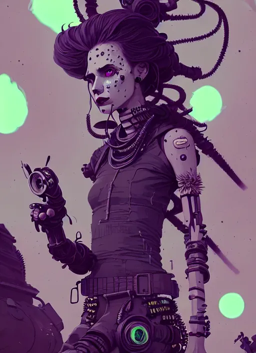 Image similar to highly detailed portrait of wasteland punk long caustic poison hair tribal lady, stray wiring by atey ghailan, james gilleard, by joe fenton, by greg rutkowski, by greg tocchini, by kaethe butcher, 4 k resolution, gradient green, purple, black and white color scheme!!! ( ( green flaming robotic sewer background ) )