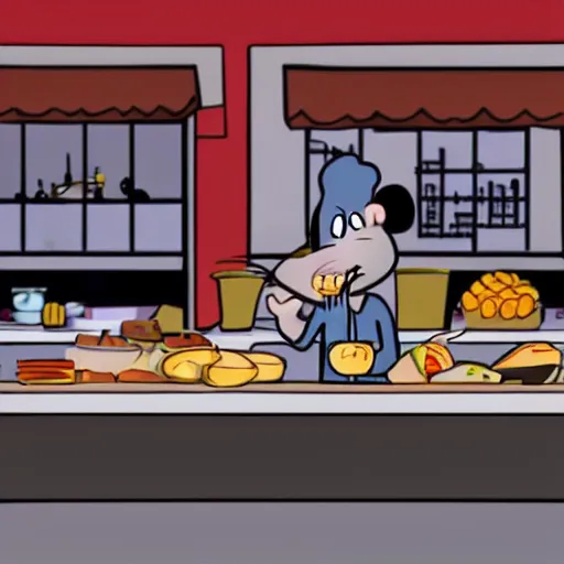 Image similar to A rat working as a chef in a run down New York City diner, Animated Still