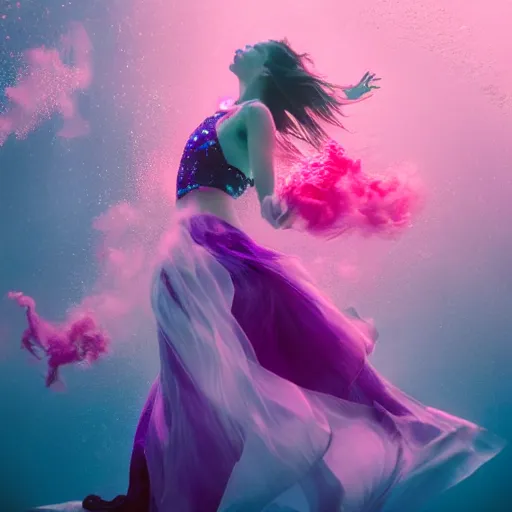 Image similar to woman dancing underwater wearing a flowing dress made of blue and magenta seaweed, delicate coral sea bottom, swirling silver fish, swirling smoke shapes, octane render, caustics lighting from above, cinematic