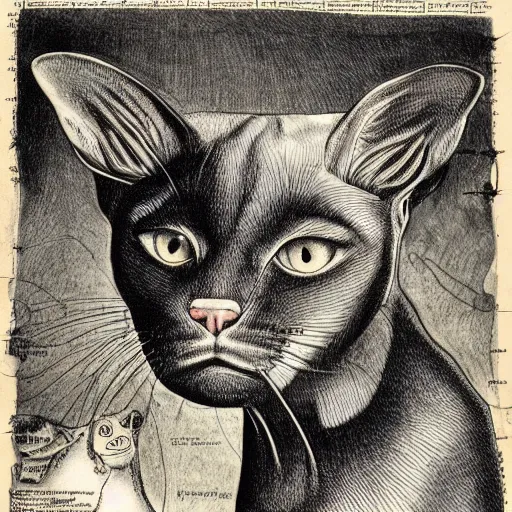 Image similar to siamese cat cow hybrid, anatomical drawings, hp lovecraft, old paper manuscript, fineline detail, cinematic quality, high octane