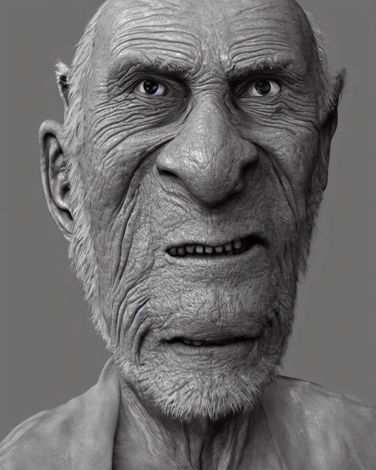 Prompt: A highly detailed portrait 3D render of a singular craggly old man. Wise, gaunt, ancient, smiling. ZBrush, Blender. Trending on cgsociety. Dramatic lighting. Beautiful. Colorful. By Mark Mann and Jimmy Nelson.