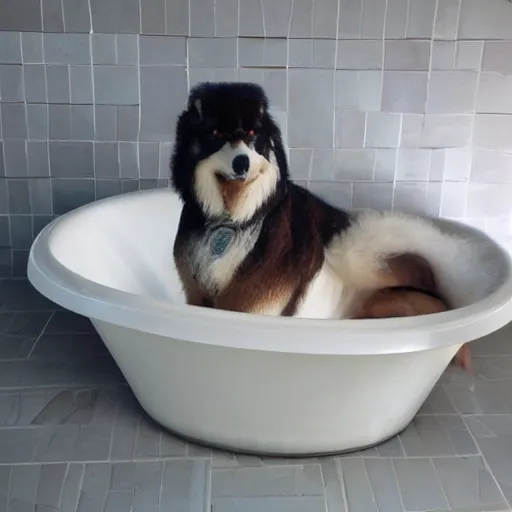 Prompt: big floppa sitting in a tub