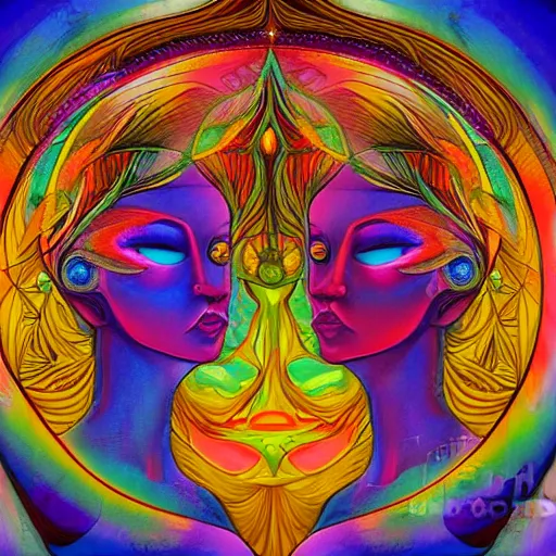 Image similar to a painting of two women standing in front of an angel, digital art by Amanda Sage, deviantart, psychedelic art, mystical, sense of awe, lovecraftian