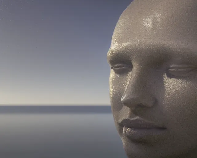 Image similar to a giant sculpture made out of of gelatin in a human head shape, on the surface of the ocean, in the style of chad knight, long shot, hyper detailed, hyper realistic, ray tracing, 8 k resolution, sharp focus, realistic water, award winning sculpture