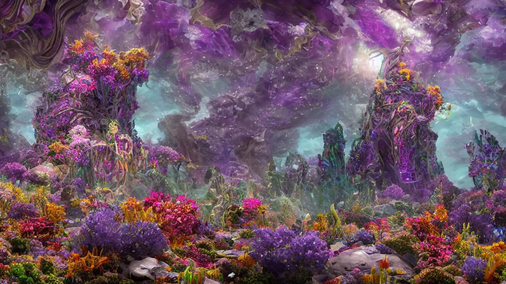 Prompt: ! dream a centered render of intricate modular synthesizer of dargon, shining its light across a tumultuous sea of flowers, undersea animals and one gothic crystal temple by dorothea tanning and salvador dali, trending on artstation, cyber punk, soft color, unreal engine, high detailed, 8 k