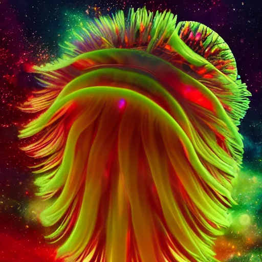 Image similar to swarm of psychedelic lions mane jellyfish swimming through space, colorful, nebula, concept art, universe, cinematic, 8 k