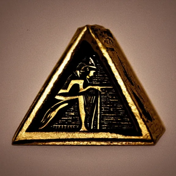 Image similar to An ancient egyptian pendant that looks like an upside-down pyramid with the wedjat eye engraved, dirty gold, splash art, movie still, cinematic lighting, dramatic, octane render, long lens, shallow depth of field, bokeh, anamorphic lens flare, 8k, hyper detailed, 35mm film grain