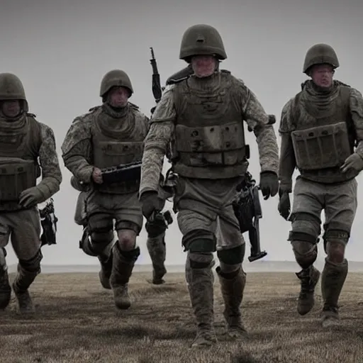 Prompt: Gruesome photo of British mercenaries wearing grey body armor retreating from a tank, photo by Adam Ferguson, Pulitzer Winning, cinematic composition, breathtaking, modern, 2022