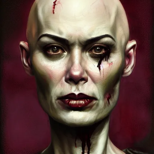 Prompt: color head portrait of bald lena headey as a zombie, 7 days to die zombie, gritty background, fine art, award winning, intricate, elegant, sharp focus, cinematic lighting, digital painting, 8 k concept art, art by michael hussar, art by brom, art by guweiz and z. w. gu, 8 k