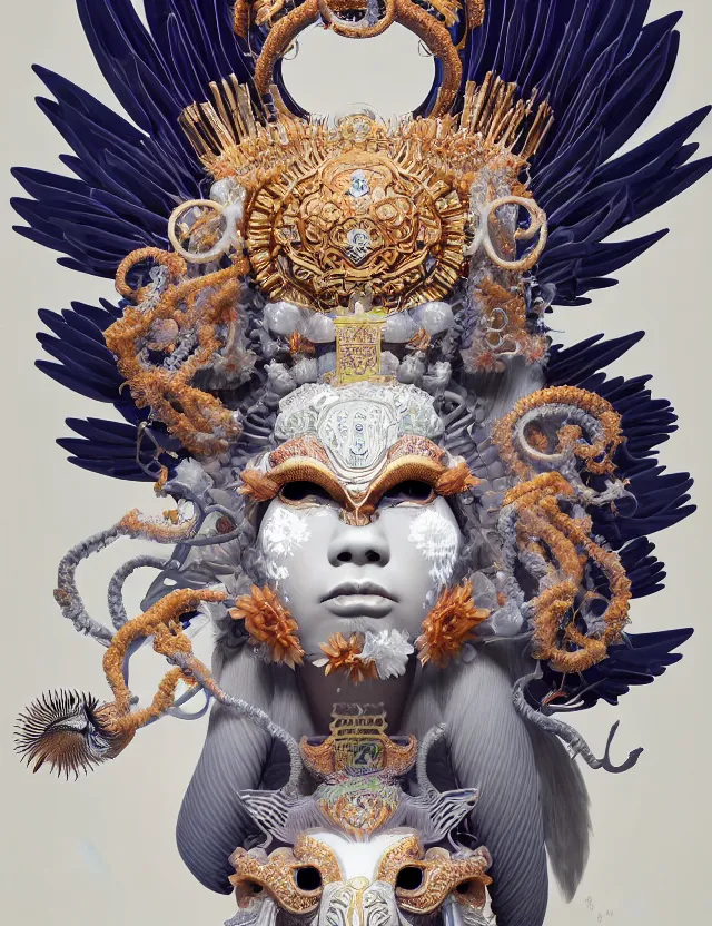 Image similar to 3 d goddess close - up profile portrait with crown, ram skull. beautiful intricately detailed japanese crow kitsune mask and clasical japanese kimono. betta fish, jellyfish phoenix, bio luminescent, plasma, ice, water, wind, creature, artwork by tooth wu and wlop and beeple and greg rutkowski