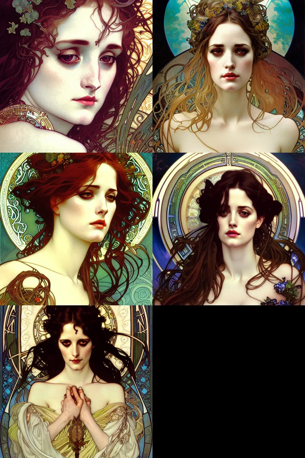 Prompt: realistic detailed face portrait of ocean goddess eva green by alphonse mucha, ayami kojima, amano, charlie bowater, karol bak, greg hildebrandt, jean delville, and mark brooks, art nouveau, neo - gothic, gothic, rich deep moody colors