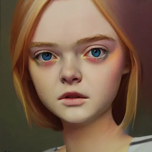 Image similar to a striking hyper real painting of Elle Fanning by Studio Ghibli