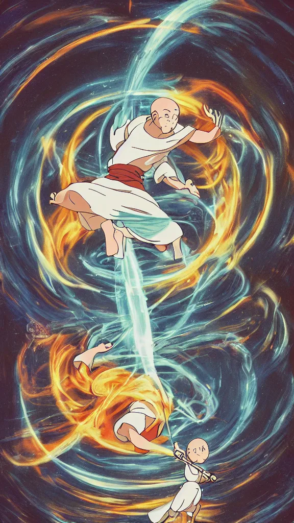 Image similar to illustration of a peaceful monk in the centre of a swirling atom defending against evil, studio ghibli, ultra hd