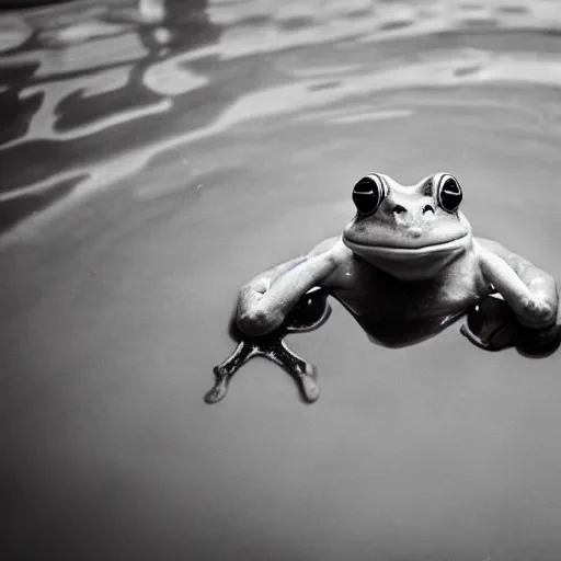 Image similar to a frog in a suit is in a pool, he is cheering, black-and-white, 50mm