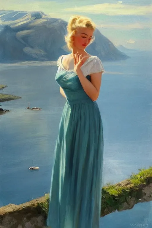 Image similar to 1950s beautiful!!! blonde looking over a Norwegian fjord, aesthetic!!! painting by Vladimir Volegov