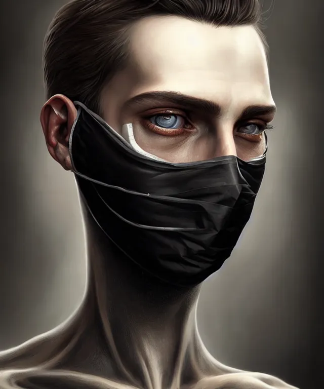 Prompt: european young man wearing medical black mask, beautiful face, highly detailed face!!!, true anatomy!, extremely detailed!, digital painting, unreal engine 5, art by tom bagshaw