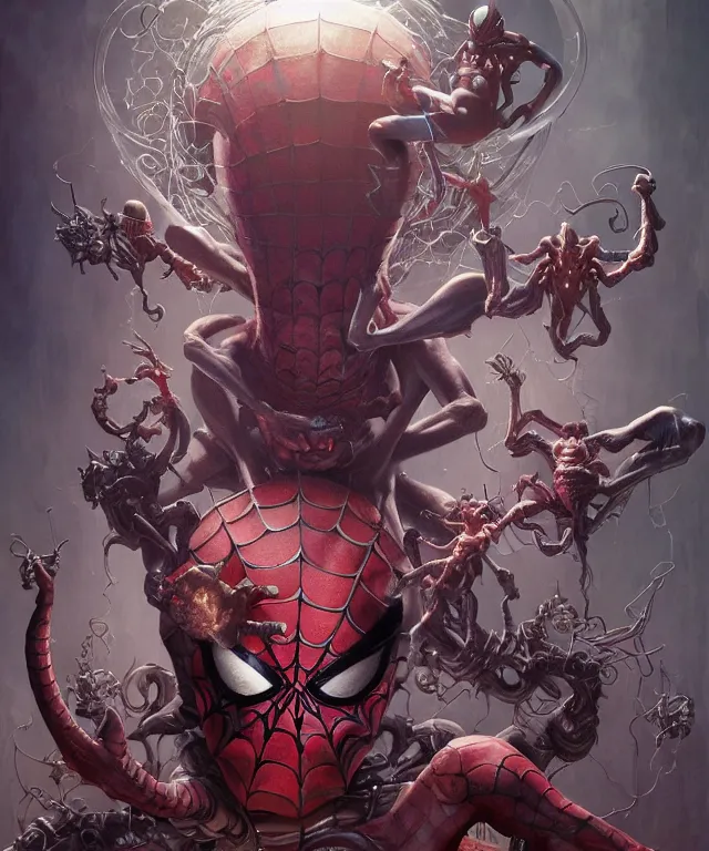 Prompt: beautiful evil fantasy baby - spiderman, portrait, demon, ultra realistic, wide angle, intricate details, the fifth element artifacts, highly detailed by peter mohrbacher, hajime sorayama, wayne barlowe, boris vallejo, aaron horkey, gaston bussiere, craig mullins