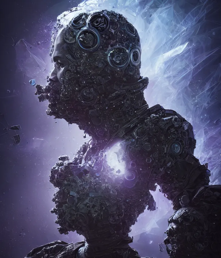 Image similar to impressive ominous front!! shot photo of a court jester character fine portrait fine portrait mesmerizing fractal hyper cubes platinum cracked dark future hyper dimensional space galactic crystal nebula edges elegant detailed intricate concept artstation sharp focus ray tracing cinematic masterpiece temporal corruption beeple wlop germ 8 4 k scifi glossy hyper realistic illustration canon eos r 3 fujifilm x - t 3 0 sony alpha a 6 6 0 0