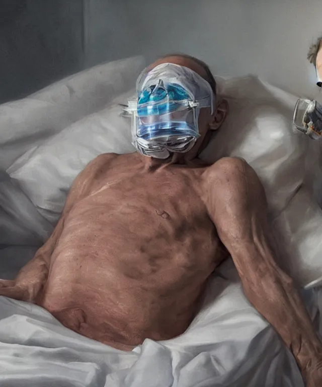 Prompt: hyperrealistic oil painting of very ill Vladimir Putin as a patient wearing an oxygen mask on a death bed inhaling from Copium tank that stand near his bed, clear face, artstation, matte painting, highly detailed, intricate, concept art, dramatic cinematic lighting, octane render, 8k, unreal engine