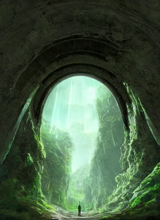 Prompt: concept art, an explorer lookup up at a giant arched doorway to creepy undergound tunnel made of green marble, beautiful matte painting, ultra detailed, 8 k render