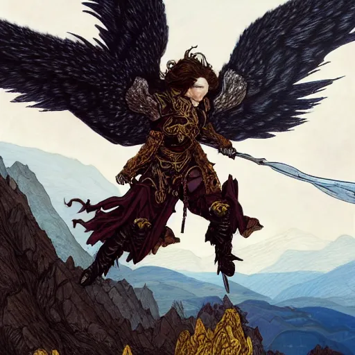 Prompt: painting of a fallen angel paladin with big burnt wings reaching the summit of a haunted mountain, sharp focus, award - winning, trending on artstation, masterpiece, highly detailed, intricate. art by rebecca guay