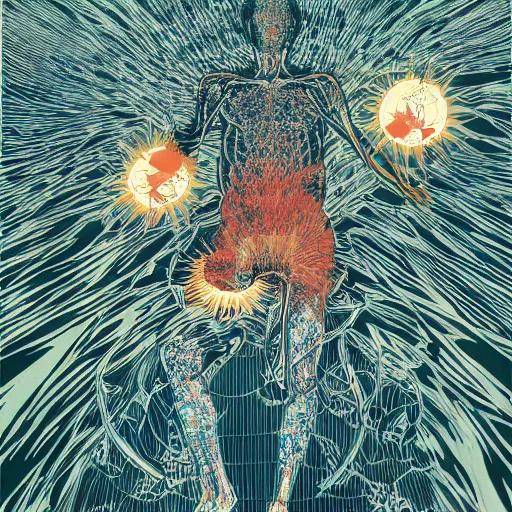 Image similar to shintaro kago yoji shinkawa and victo ngai cellular human body apophasis glorious energy of the sun