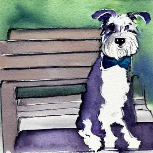 Prompt: a carin terrier wearing a suit, sitting on a park bench in central park, watercolor