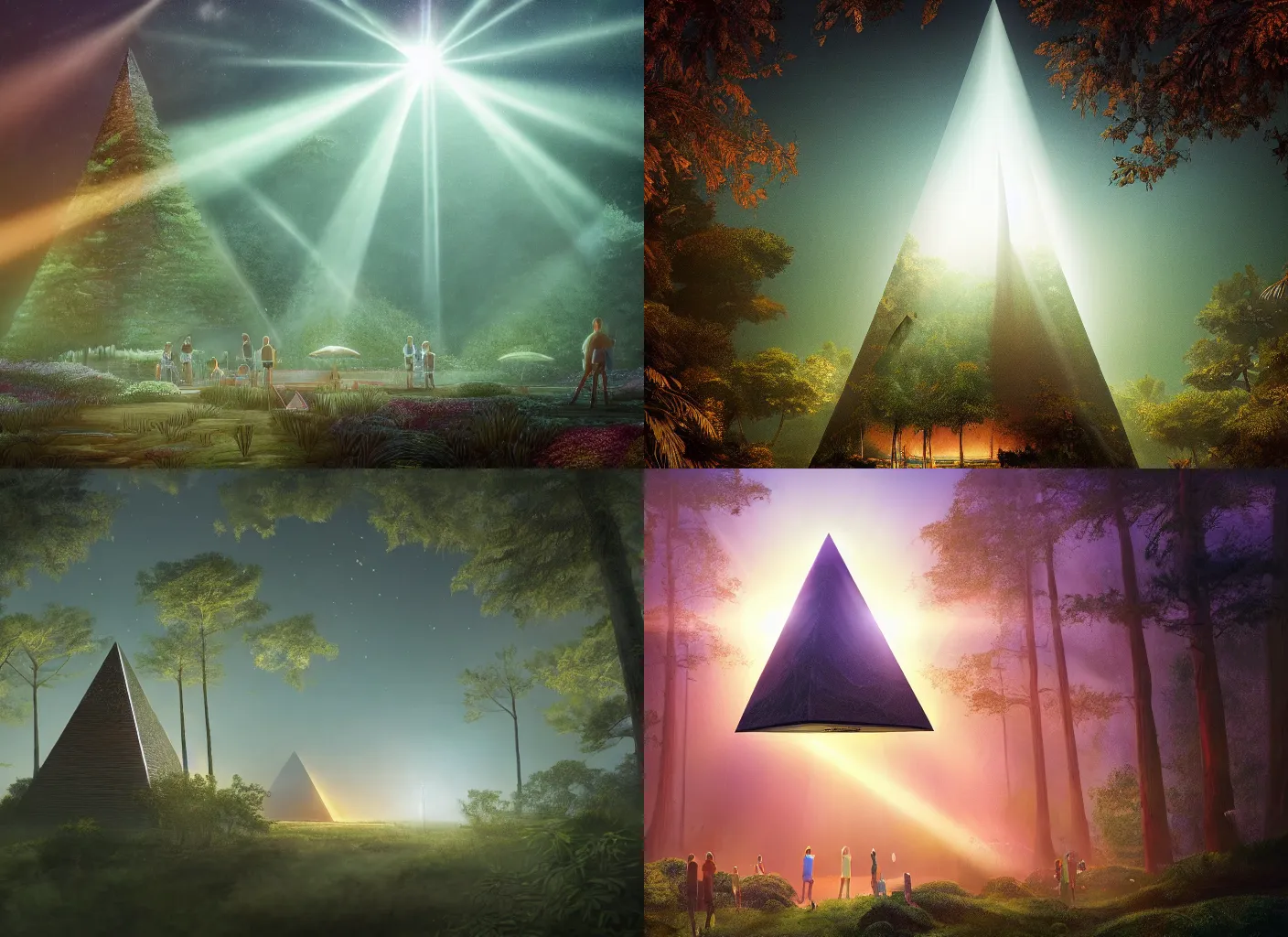 Prompt: a ultradetailed beautiful illustration of an inverted pyramid floating above a forest, a beam of light comes out of the center of the pyramid into the forest, there is a crowd of people observing, pastel color, dim dusk lighting, cinematic lighting, detailed lighting, volumetric lighting, realistic, f 8, 4 k hd wallpaper, poster