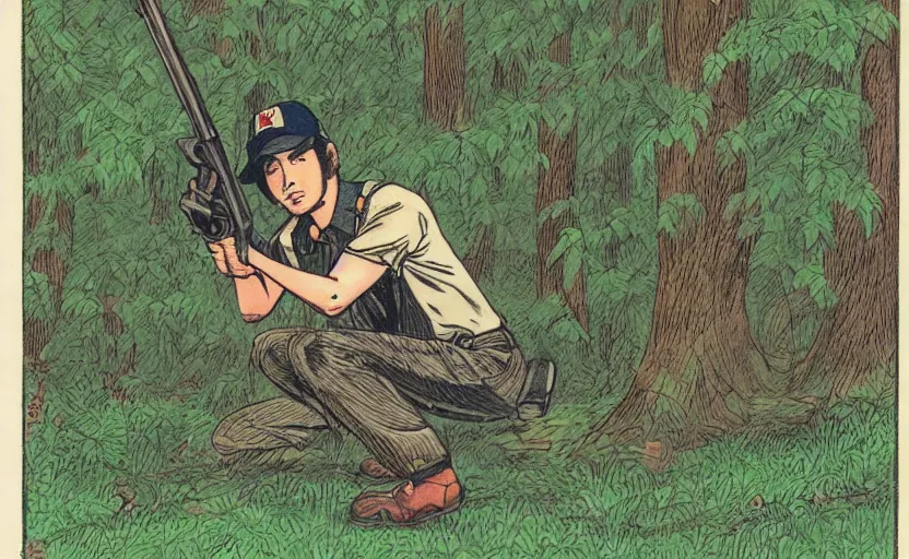 Image similar to 1 9 8 0 s japanese illustration of man with a baseball hat and a rifle, crouching through a lush old green forest, detailed illustration, tense atmosphere, 1 9 8 0 s stephen king,